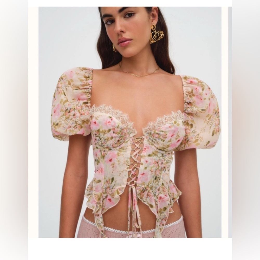For Love & Lemons Floral Lace-Up Puff Sleeve Crop Top — Pink & Cream